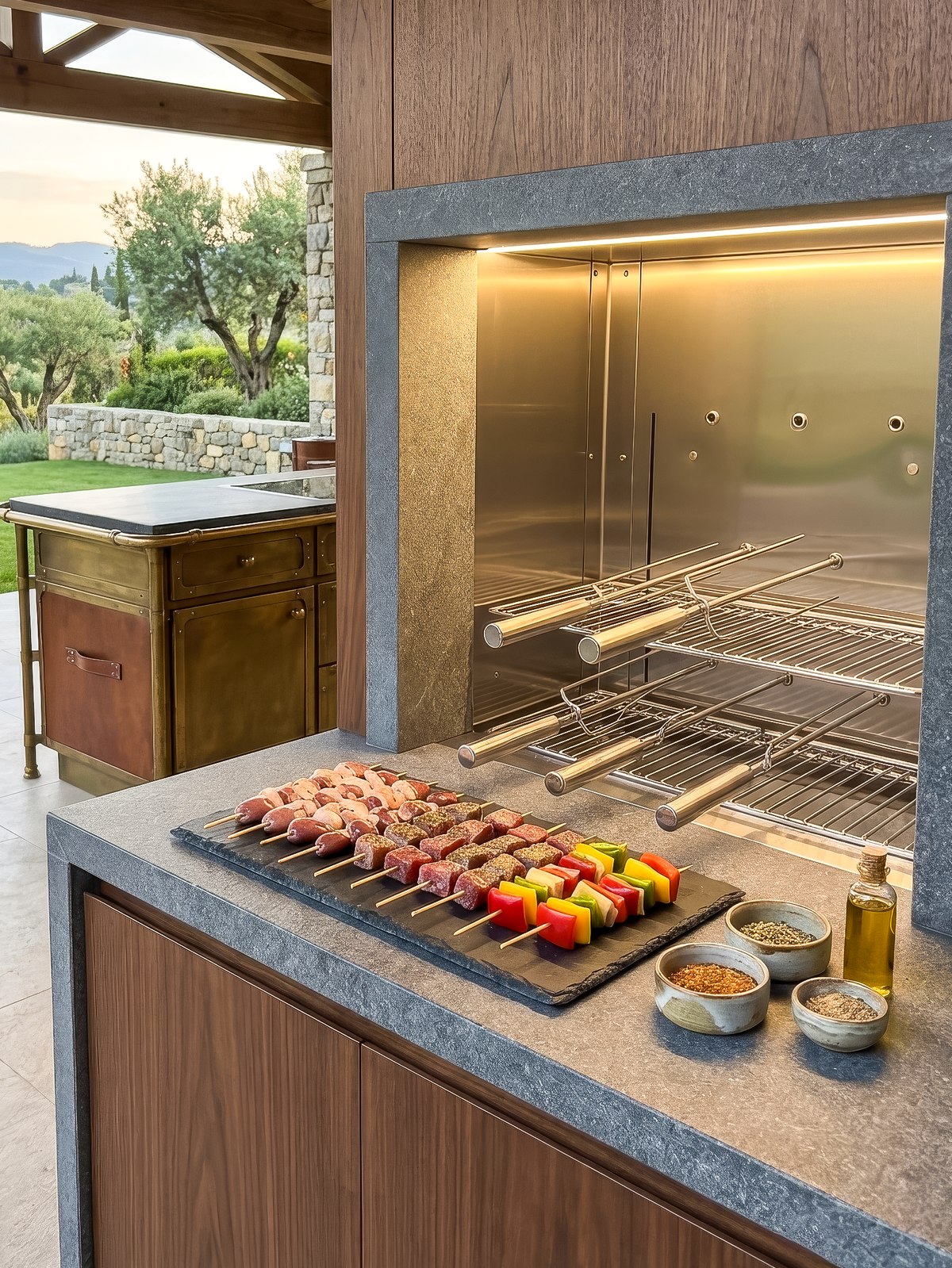 Área gourmet externa com a Florença e espetos preparados