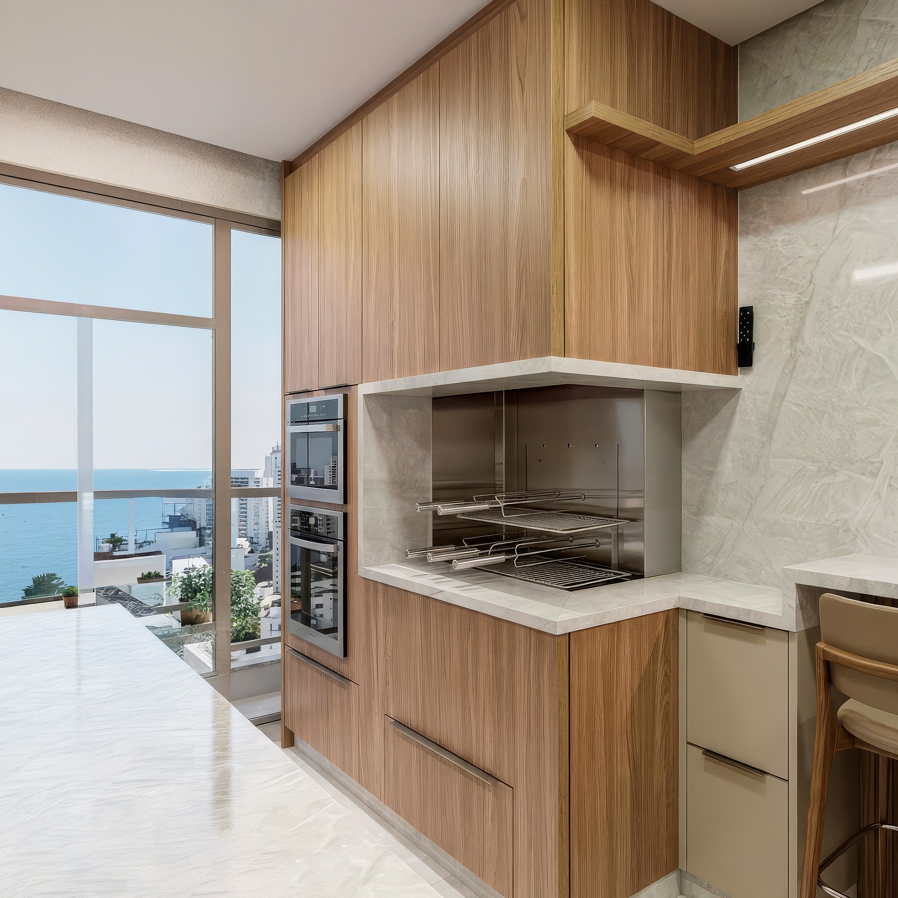 Florença instalada em área gourmet com vista panorâmica, integrada à marcenaria e bancada